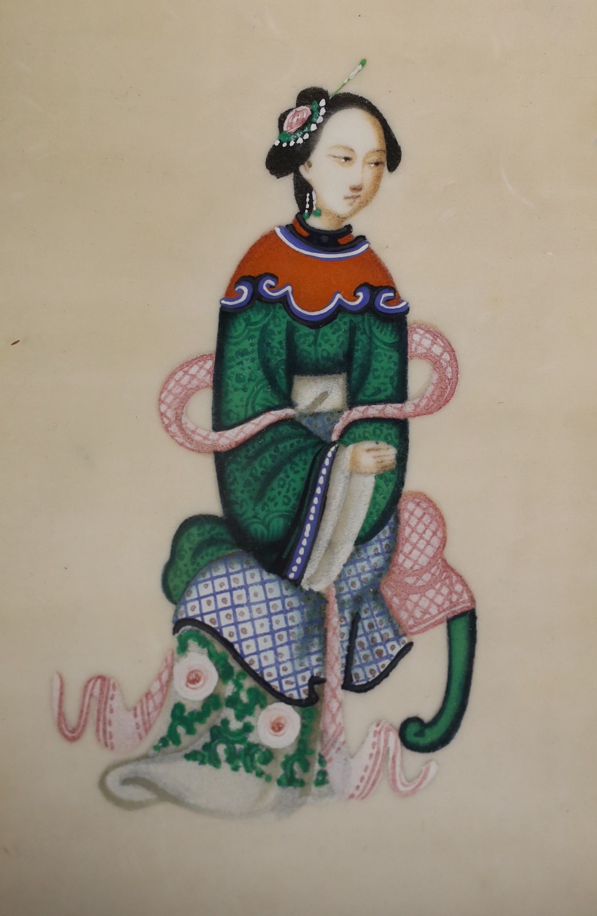19th century Chinese School, pair of gouaches on pith paper, Studies of courtiers, 15 x 7cm and four similar studies